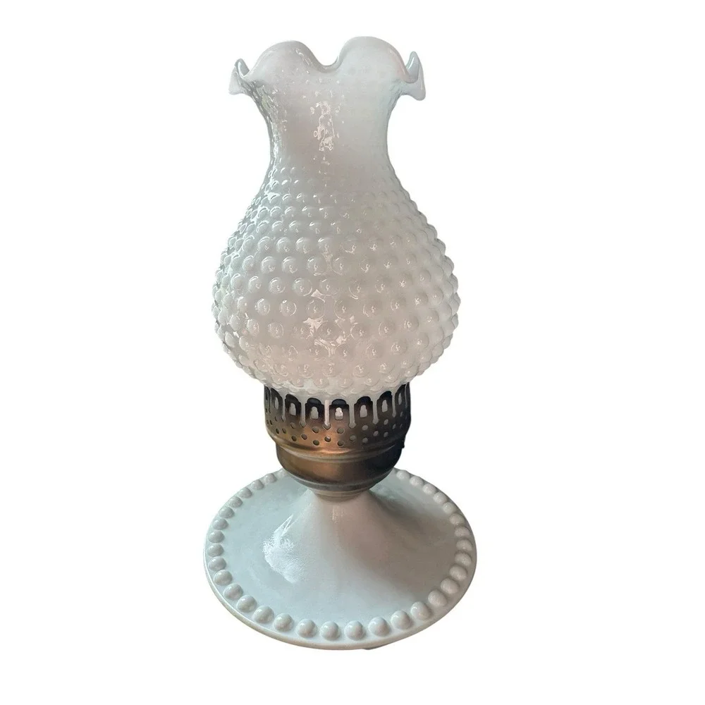 Hobnail Milk Glass Hurricane Lamps Vintage Fenton Style Working Set Pair of 2